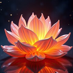 Illuminated lotus flower with glowing petals, reflecting on a dark surface with bokeh lights in the background.