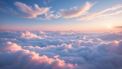 Drifting pastel clouds stretching across horizon over thick cloud layer, with sunrise light