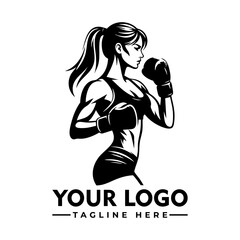 Strong athletic woman boxer in fighting stance wearing sportswear and boxing gloves, black and white cartoon vector illustration

