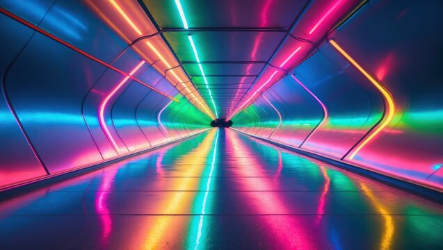 Neon tunnel corridor glowing in futuristic exhibition tunnel, with LED strips and reflective floor