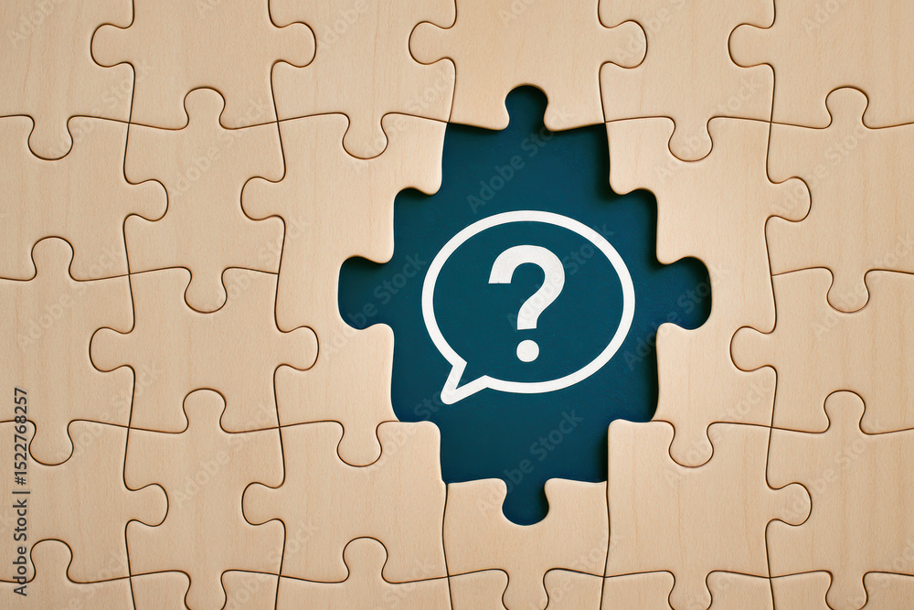 Poster a missing puzzle piece shaped like a speech bubble with a question mark symbolizes uncertainty and p
