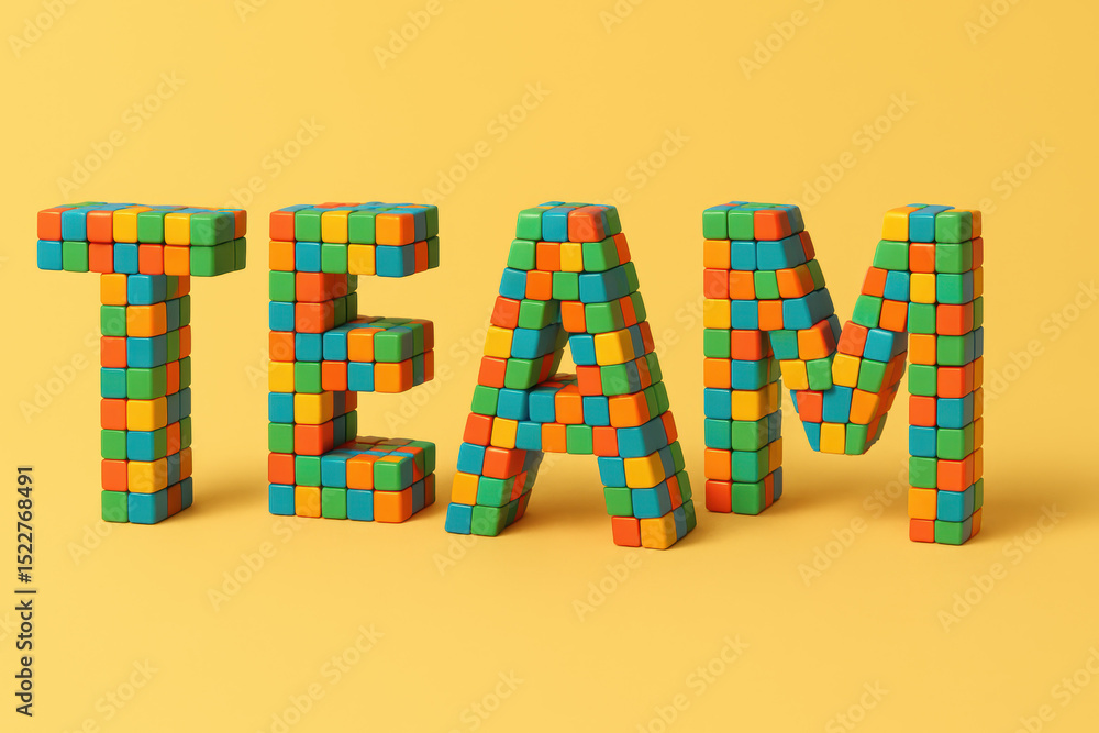 Poster collaboration and are represented by colorful blocks assembled into the word symbolizing teamwork an