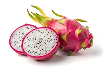 Fresh dragon fruit and slices isolated on white background