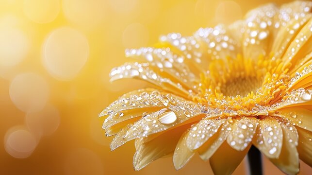 A vibrant yellow flower adorned with glistening dew drops, set against a bright background that symbolizes freshness, life, and the beauty of nature in full bloom.