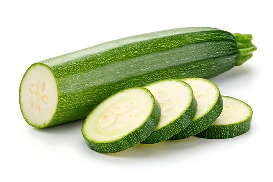 Fresh green zucchini and slices isolated on white background