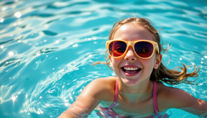 Fototapeta premium Cheerful girl swimming in pool, wearing sunglasses, enjoying sunny day, with water splashing around her