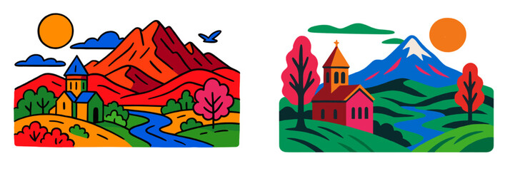 Brightly colored landscape depicting mountains, rivers, and churches under a sunny sky in a vibrant natural setting