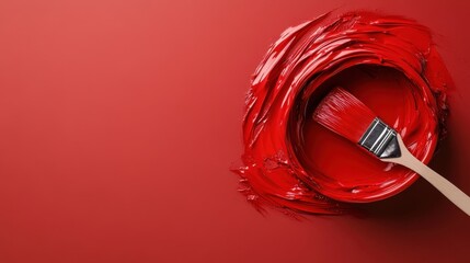 A paintbrush glides through vibrant red paint creating vivid strokes on a canvas, embodying artistic expression, creativity, and the transformative power of color.