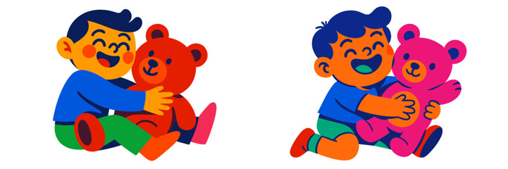Naklejka premium Kids joyfully hugging colorful teddy bears in a bright and cheerful environment during playtime