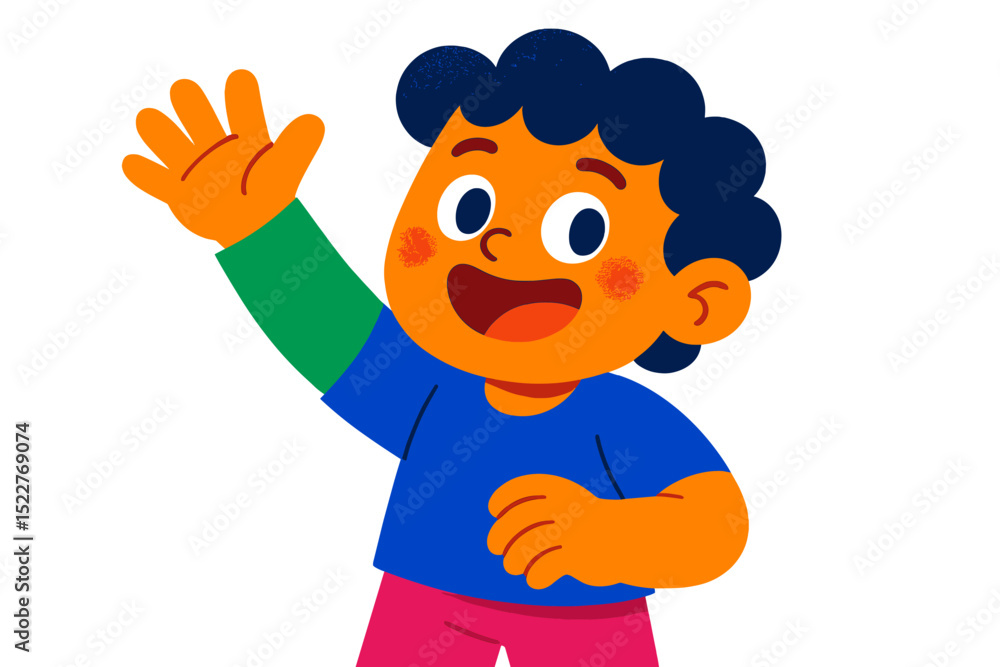 Poster colorful cartoon character waving cheerfully in a playful and imaginative design style