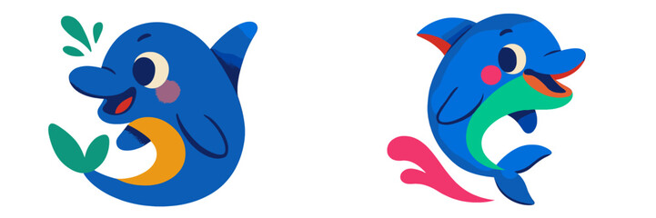 Obraz premium Colorful cartoon dolphins playing in a stylized ocean environment during a sunny day, showcasing vibrant colors and friendly expressions