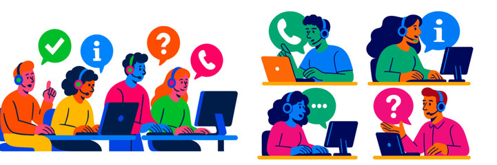 Customer support team engaging with clients in a vibrant, colorful office environment