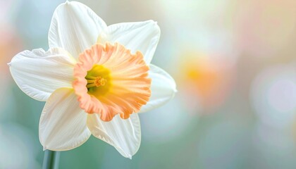 Fototapeta premium Pastel daffodil with orange center and ivory petals in soft-focus light