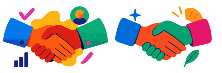Hands shaking in a colorful graphic representing collaboration and agreement in a business setting during modern times