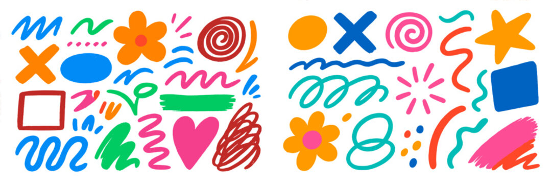 Colorful abstract shapes and patterns created with vibrant colors on a white background for artistic expression