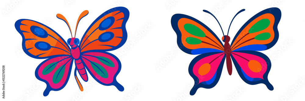 Poster colorful butterflies with vibrant patterns resting on a surface