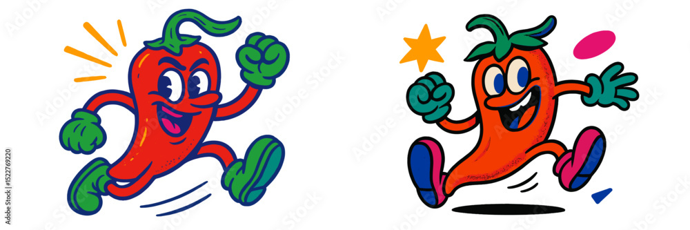 Poster cheerful cartoon peppers running energetically in a vibrant animation style during a playful art ses