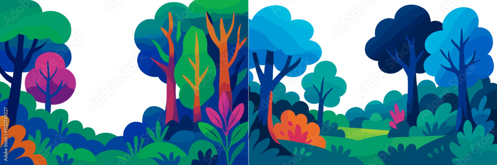 Poster vibrant illustrations of a colorful forest landscape with diverse trees and foliage in a whimsical s