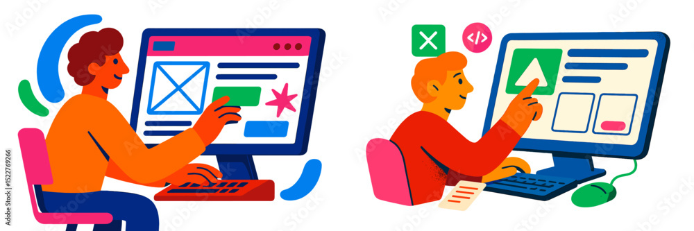 Poster Creative individuals engaging in digital design and development at their desks in a bright workspace during daytime hours