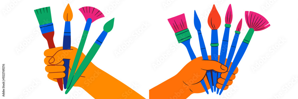 Aufkleber different styles of colorful paintbrushes held in vibrant hands for creative artistic expression