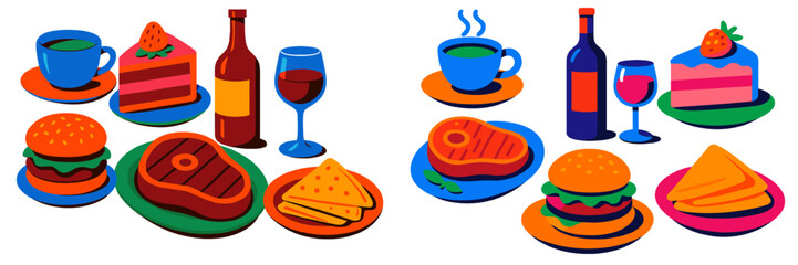 Colorful array of food and drinks featuring desserts, burgers, and meats served on plates at a casual gathering