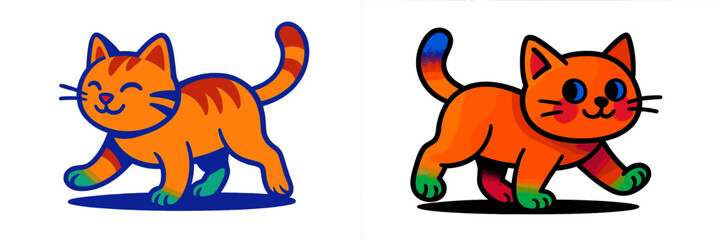 Colorful cartoon cats walking cheerfully in a playful style showcasing brightness and charm