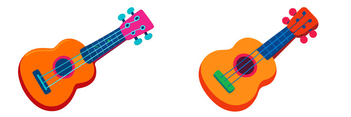 Colorful ukuleles resting on a white background ideal for music-themed designs and illustrations