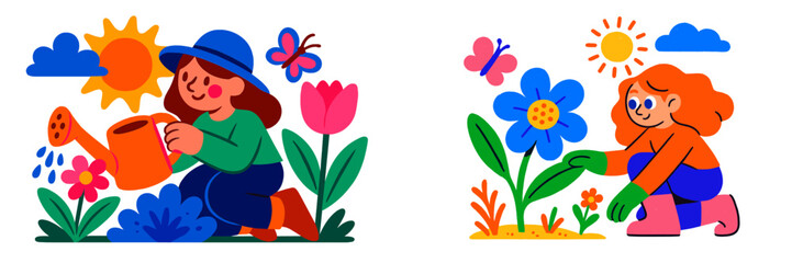 Children enjoying gardening in a bright and colorful sunny park with plants and flowers