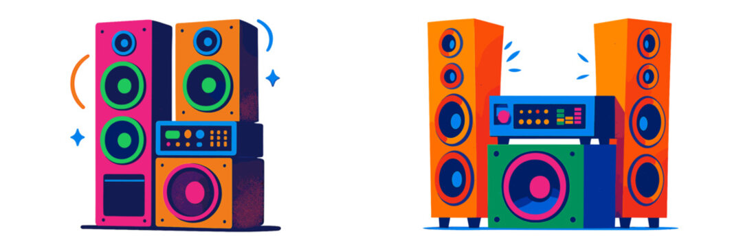 Colorful speakers and audio equipment displayed in a vibrant digital illustration, showcasing modern sound systems with energy and style