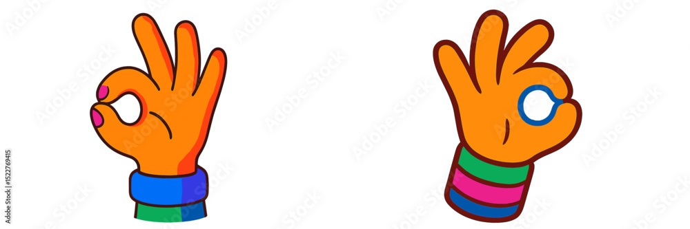 Poster colorful hand gestures indicating approval in a playful style with bright colors and dynamic shapes