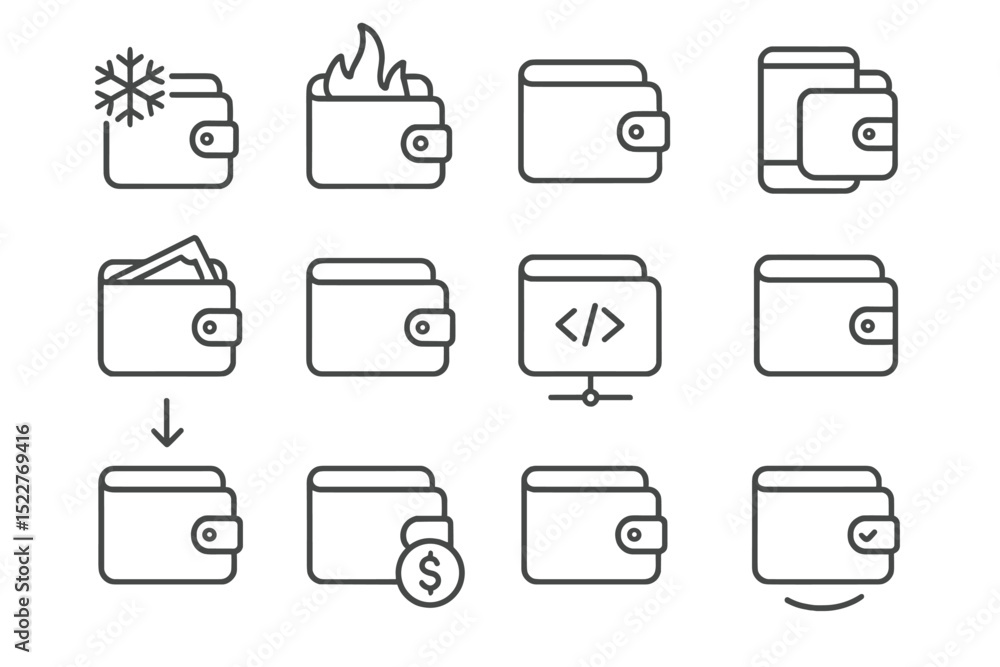 Aufkleber Illustrations of various wallet types and their functionalities in a modern design layout