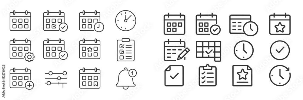 Leinwandbilder Collection of simple calendar and scheduling icons featuring checklists, clocks, and various time management symbols for digital use