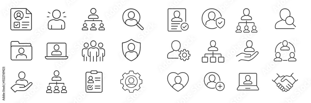 Poster unique line icons representing various aspects of teamwork, leadership, and communication in a profe