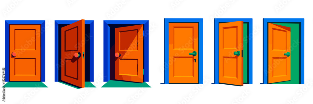 Poster various colorful doors opening and closing in a vibrant animation sequence