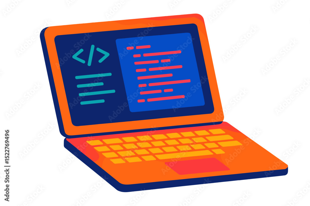Poster Colorful illustration of a laptop with coding elements showcased on its screen during a digital workspace session