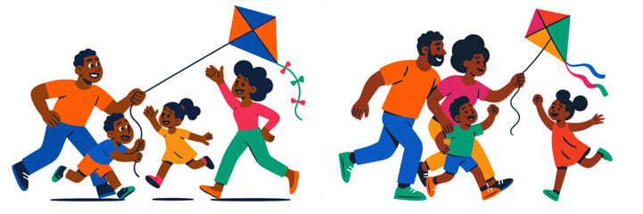 Family enjoys a sunny day flying kites at the park with children joyfully running and laughing together