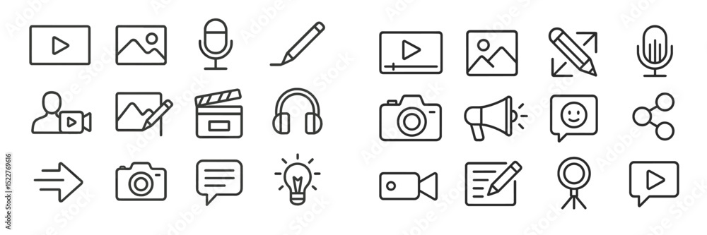Poster Collection of icons representing various multimedia elements including video, audio, and graphics creation tools