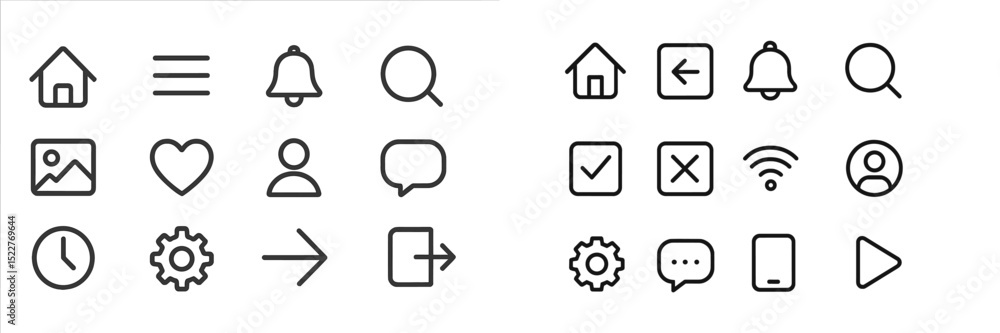 Fototapete Collection of minimalistic icons representing various functions in a user interface design layout