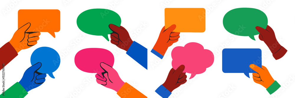 Poster Colorful hands displaying various speech bubbles in a modern and creative design