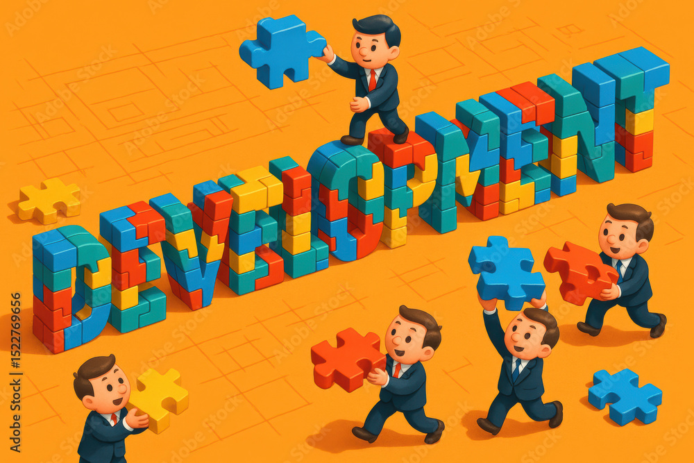 Poster a vibrant scene illustrates collaboration and progress as interlocking puzzle pieces form the bold w