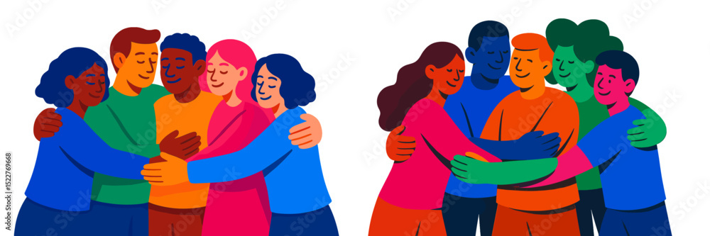 Poster colorful illustration of diverse groups of friends happily embracing each other in a joyful gatherin