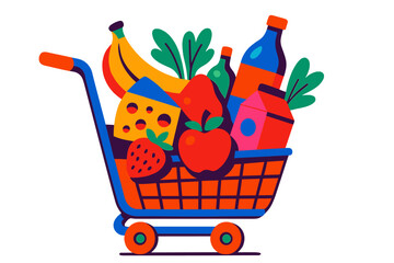 Fototapeta na wymiar Colorful shopping cart filled with fresh fruits, vegetables, and beverages at a grocery store