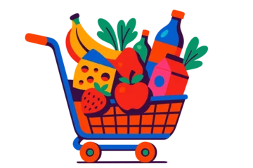 Fotobehang Colorful shopping cart filled with fresh fruits, vegetables, and beverages at a grocery store © Zaleman