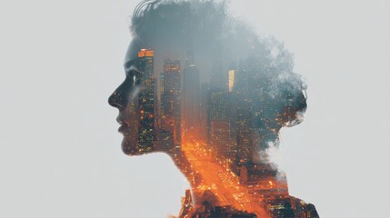 Night City Lights Double Exposure Woman Portrait