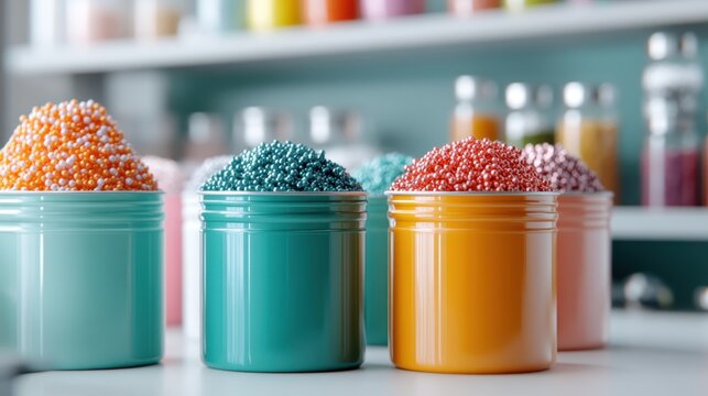 This image showcases jars filled with colorful sprinkles piled high, ready to delight in baking creations, creating a cheerful and artistic environment in a bright, organized kitchen setting.