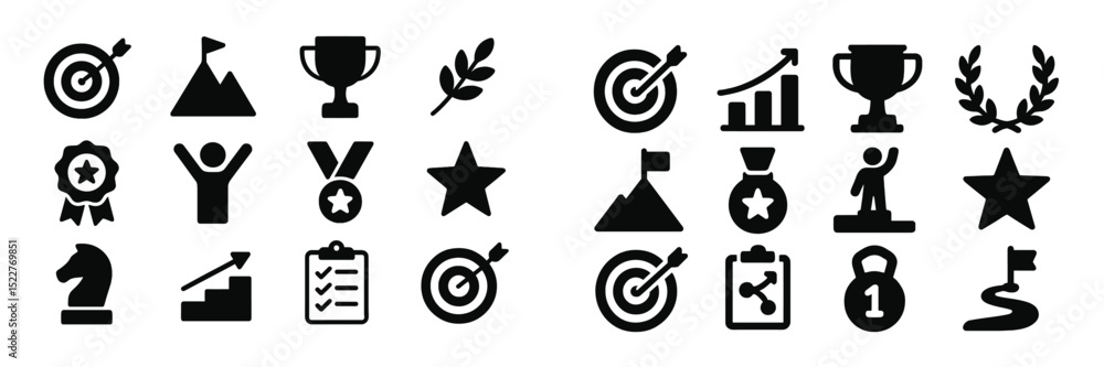 Poster symbols representing achievement and success for motivation and goal setting in various activities l