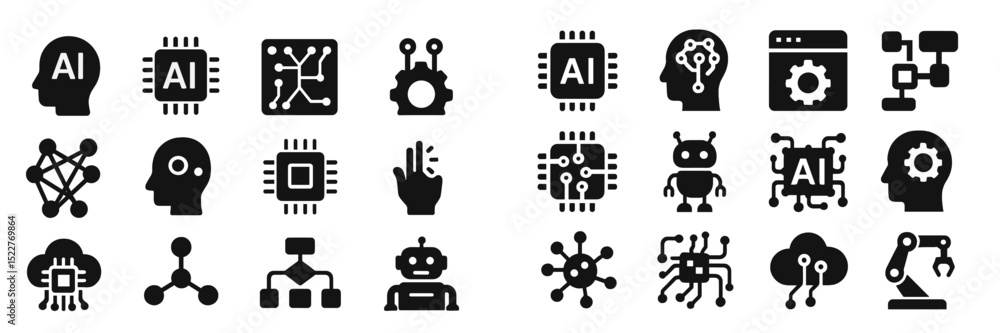 Poster Various black icons depicting artificial intelligence concepts and technologies in a modern, minimalist design