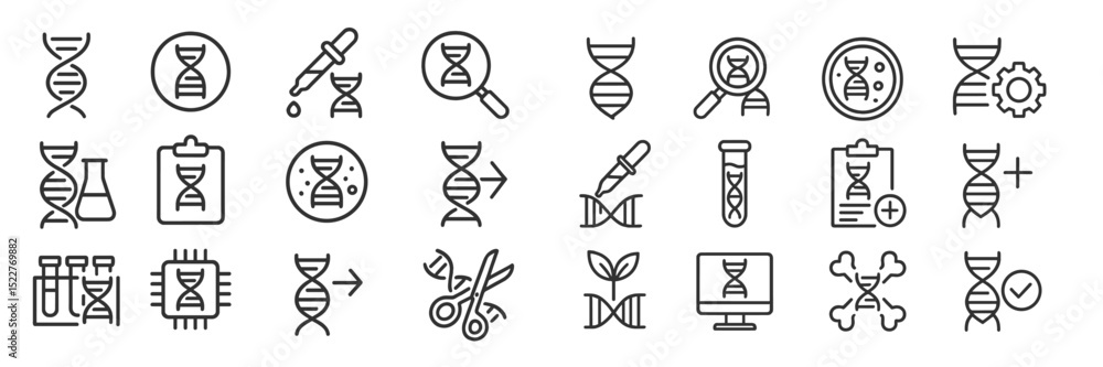 Poster collection of dna-related icons illustrating genetic research and biotechnology applications in a mi