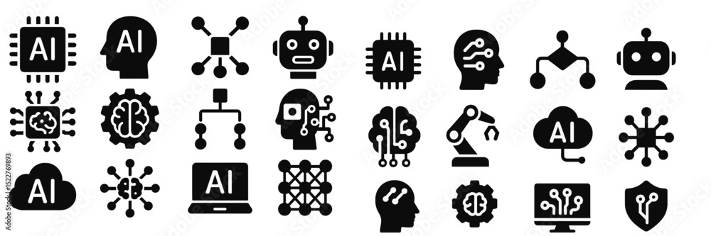 Poster Collection of black and white artificial intelligence icons representing various tech concepts and systems
