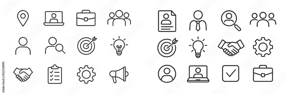 Poster Collection of line icons representing business, teamwork, and career development concepts in a modern style